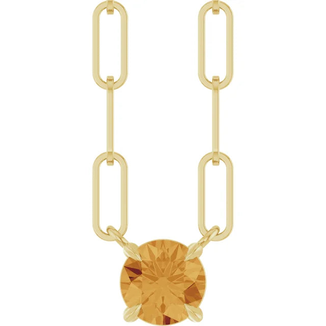 14K Round Gemstone Solitaire Paperclip Necklace