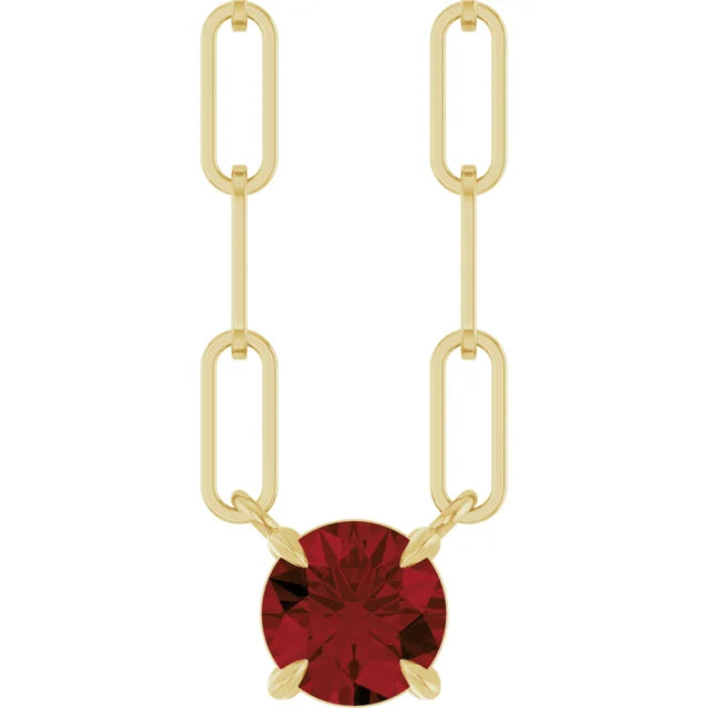 14K Round Gemstone Solitaire Paperclip Necklace