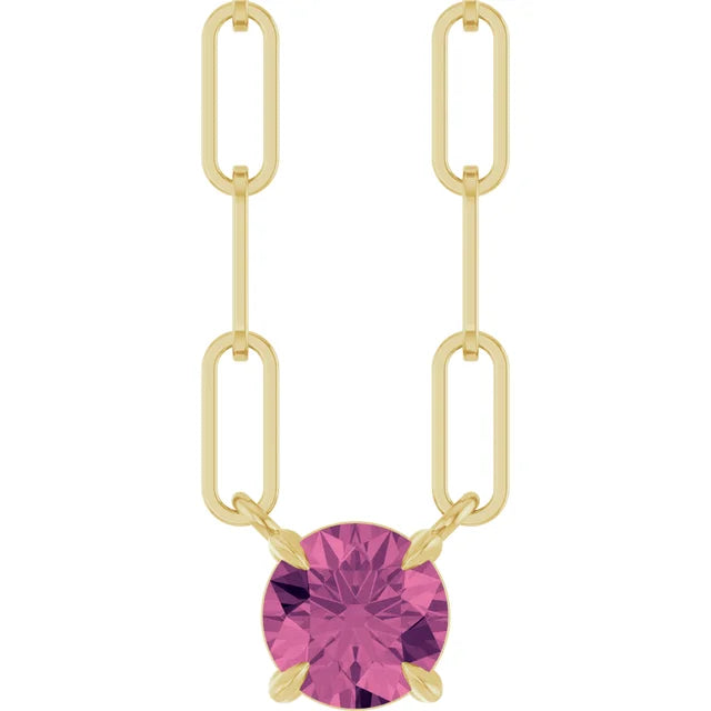 14K Round Gemstone Solitaire Paperclip Necklace