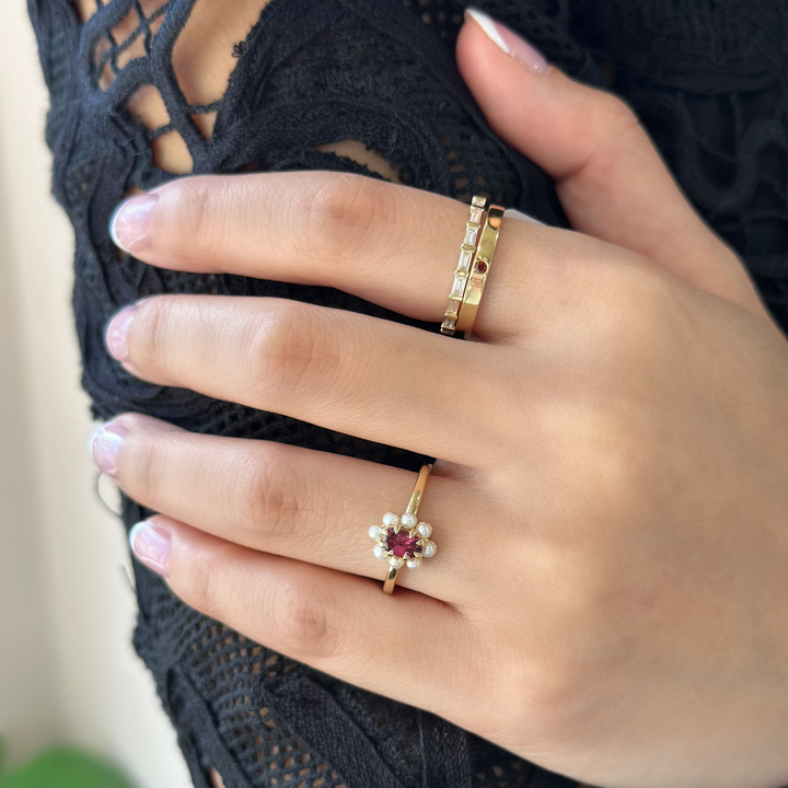 14K Natural Gemstone &amp; Pearl Halo-Style Ring