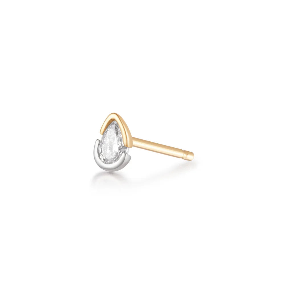 14K Two-Tone Bezel Pear Diamond Stud
