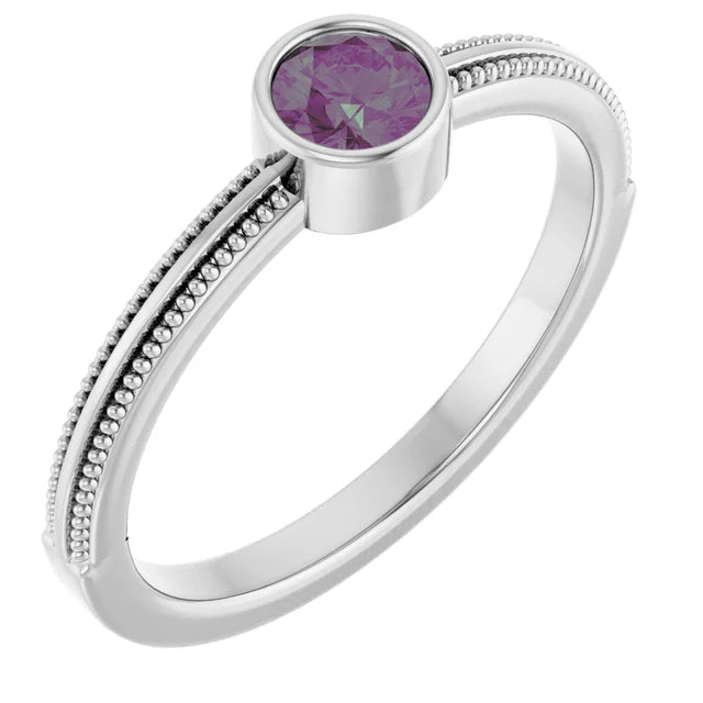 14K Gemstone Bezel-Set Solitaire Milgrain Ring