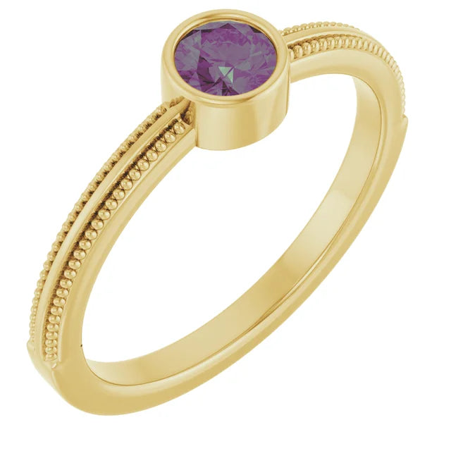14K Gemstone Bezel-Set Solitaire Milgrain Ring