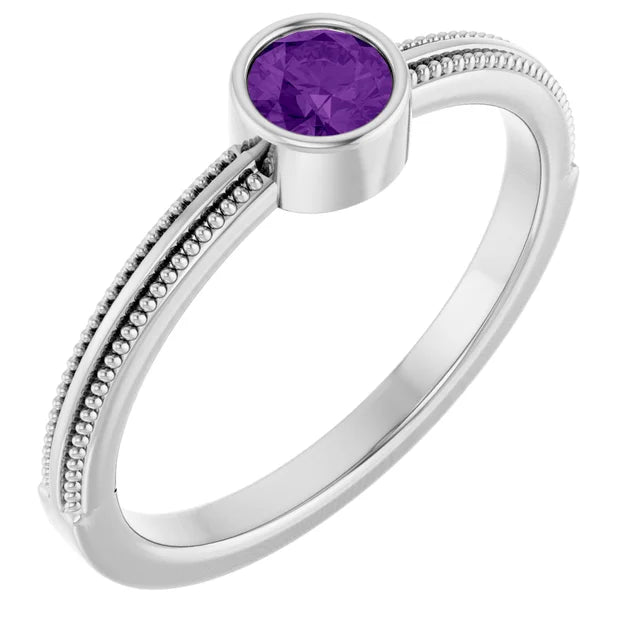 14K Gemstone Bezel-Set Solitaire Milgrain Ring