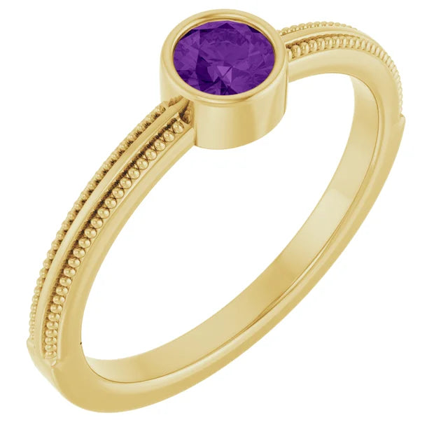 14K Gemstone Bezel-Set Solitaire Milgrain Ring