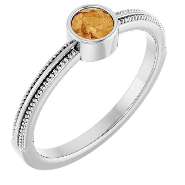 14K Gemstone Bezel-Set Solitaire Milgrain Ring