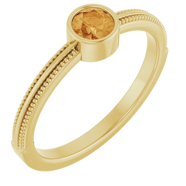 14K Gemstone Bezel-Set Solitaire Milgrain Ring