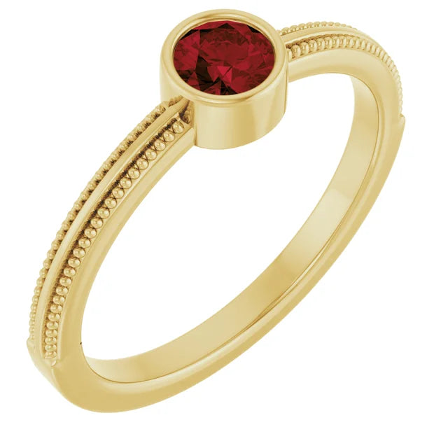 14K Gemstone Bezel-Set Solitaire Milgrain Ring