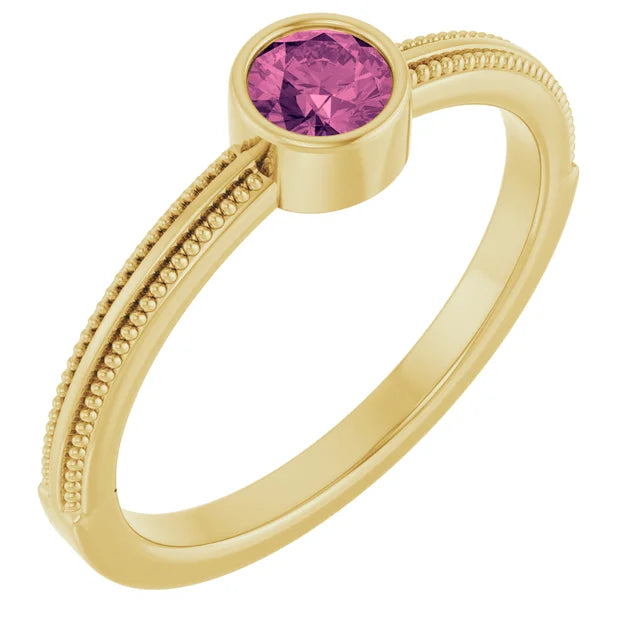 14K Gemstone Bezel-Set Solitaire Milgrain Ring