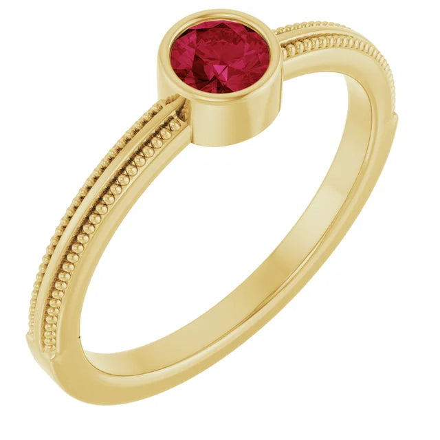 14K Gemstone Bezel-Set Solitaire Milgrain Ring