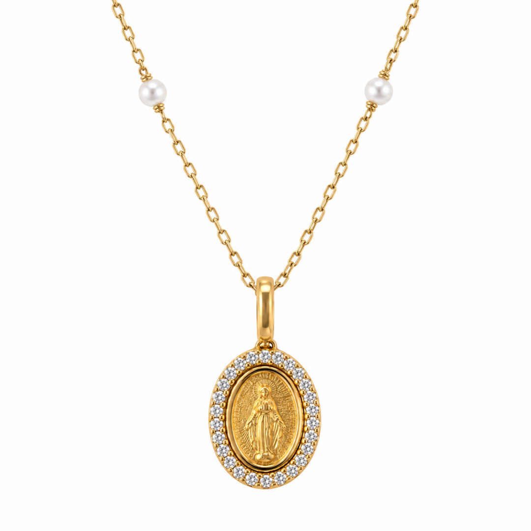 14KY .05 CTW Diamond &amp; Pearl Station Miraculous Medal Necklace