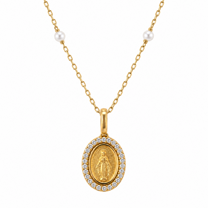 14KY .05 CTW Diamond &amp; Pearl Station Miraculous Medal Necklace
