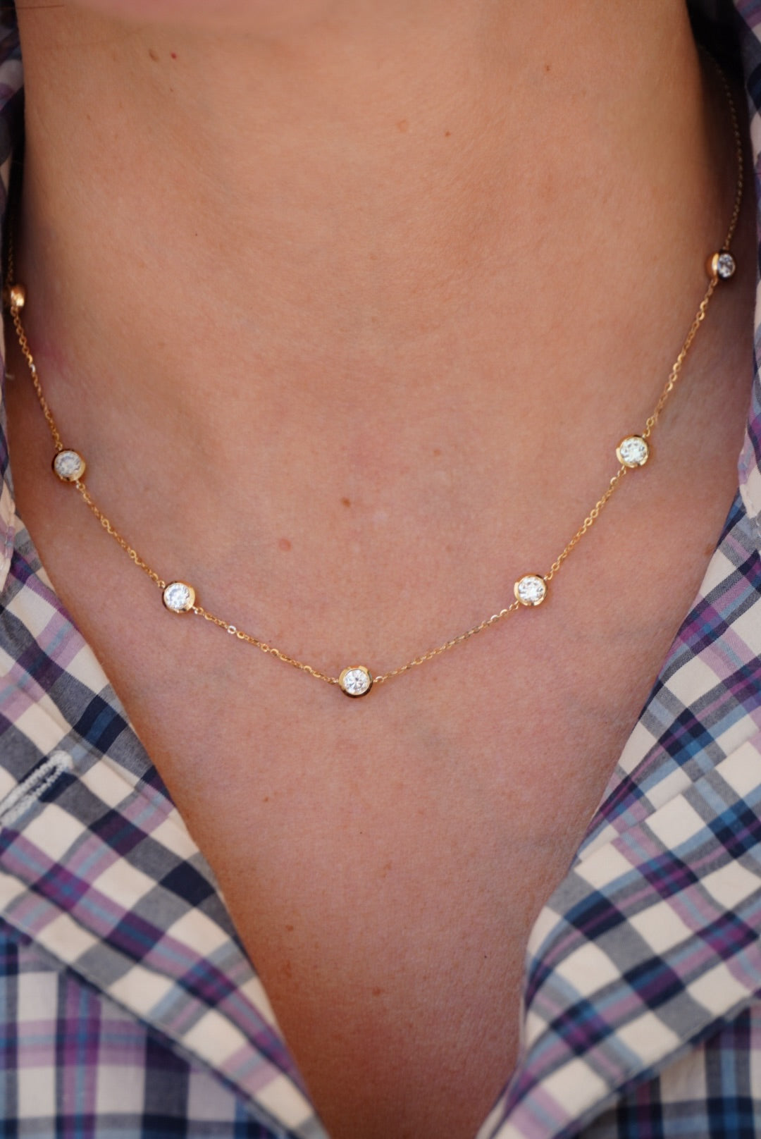 14KY 2 CTW Round Bezel Diamond Station Necklace