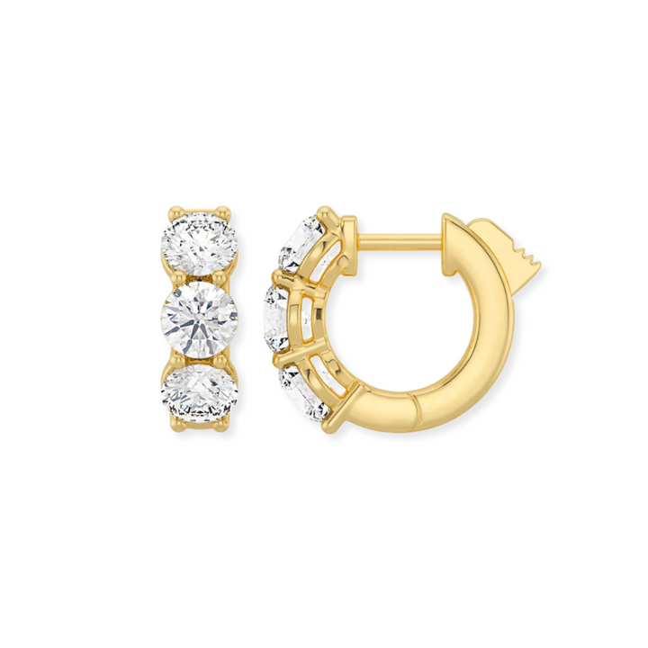 14K 3-Stone Shared Prong Huggies
