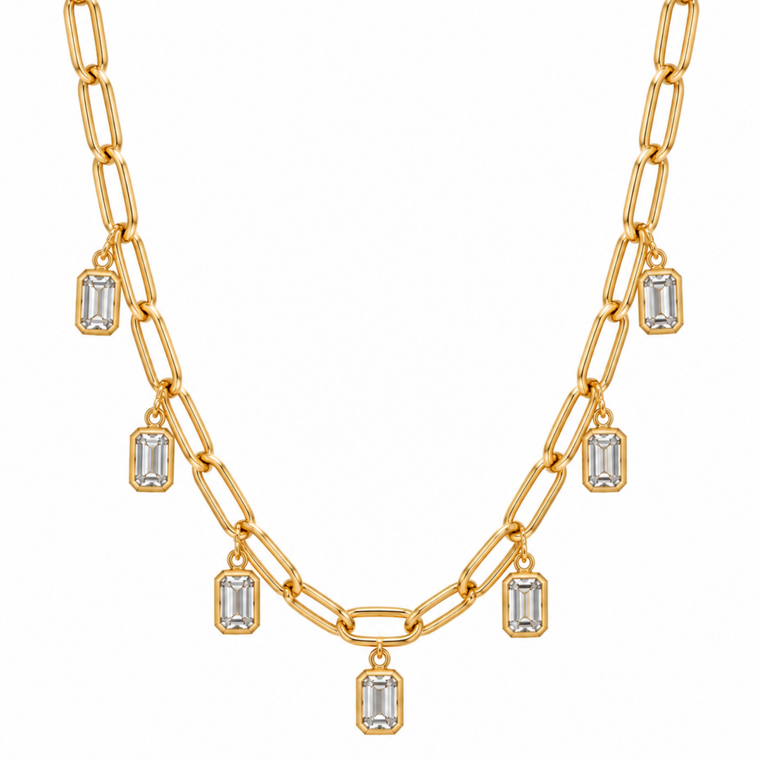 14KY 3.75 CTW Lab Grown Emerald-Cut Bezel Station Paperclip Necklace