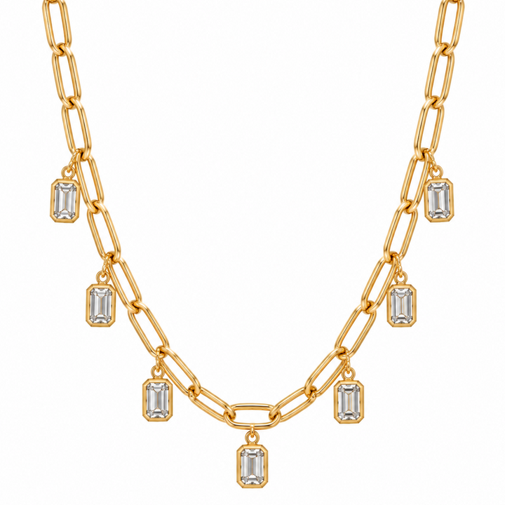 14KY 3.75 CTW Lab Grown Emerald-Cut Bezel Station Paperclip Necklace
