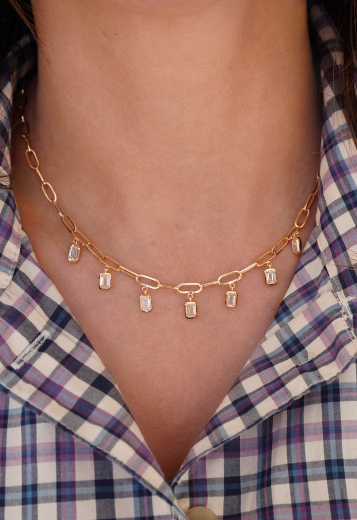 14KY 3.75 CTW Lab Grown Emerald-Cut Bezel Station Paperclip Necklace