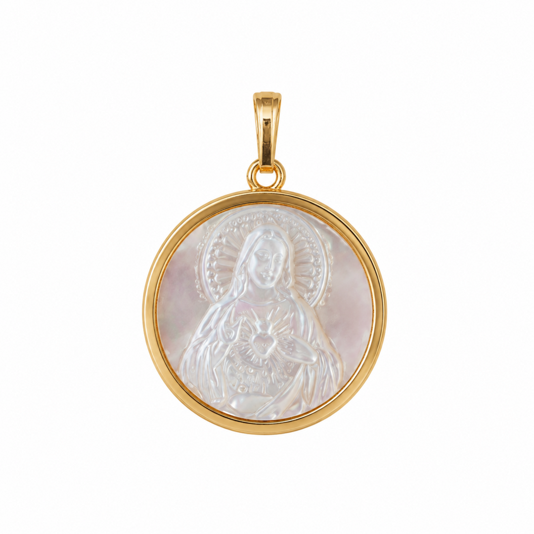 14KY Mother of Pearl Sacred Heart Round Medal