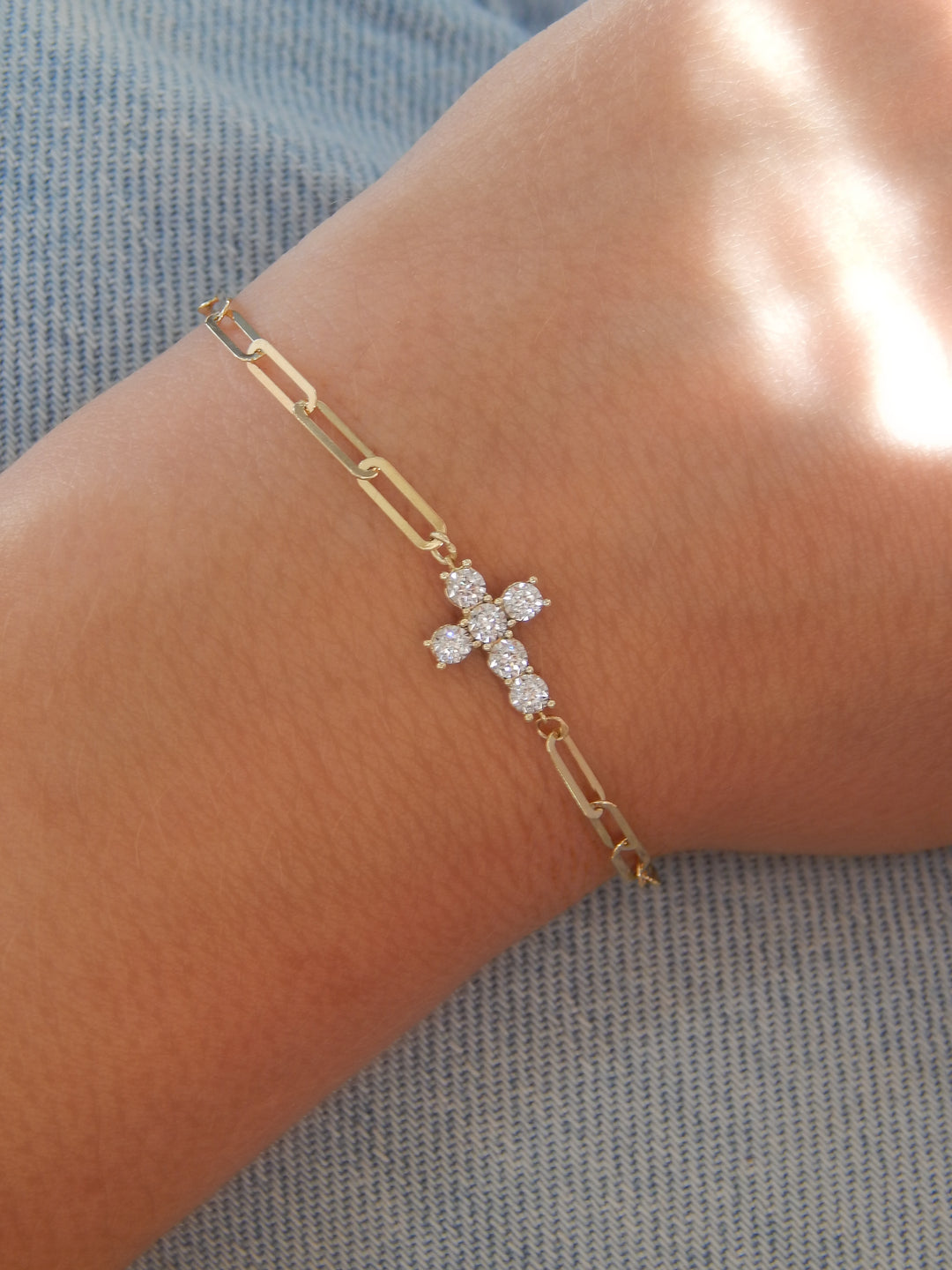 14K Chunky Diamond Cross Paperclip Bracelet