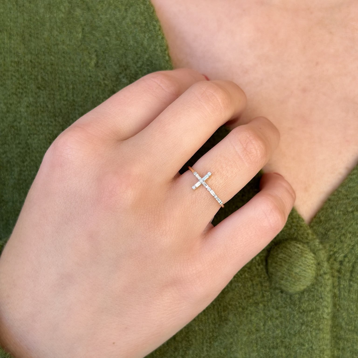 14K Baguette Diamond Cross Ring