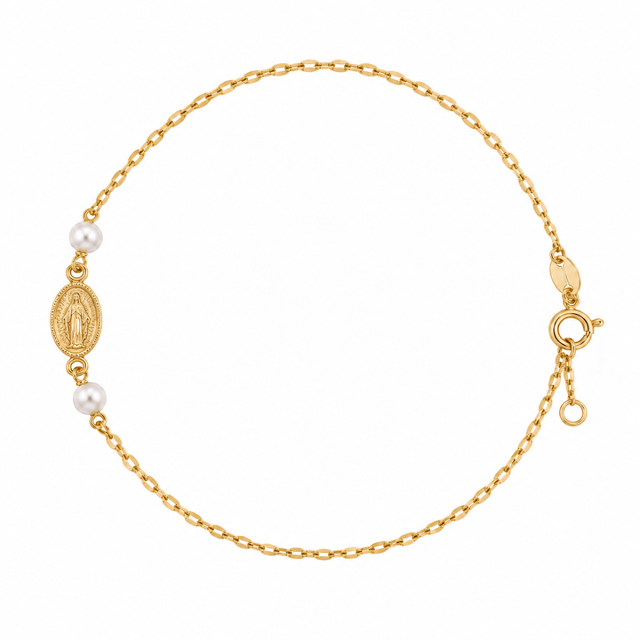14K Mini Miraculous Medal &amp; Pearl Bracelet