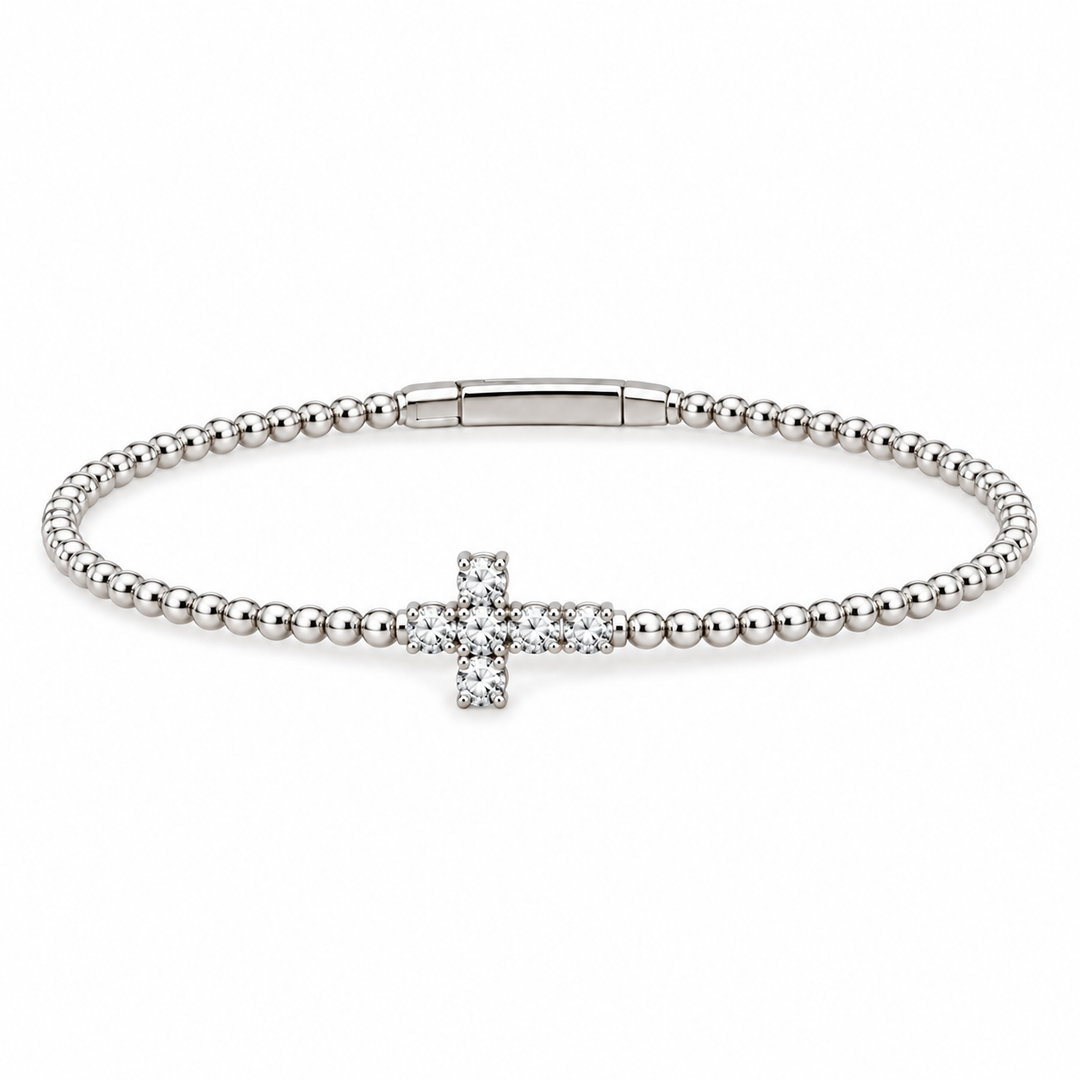 14K Natural Diamond Cross &amp; Beaded Flex Bangle