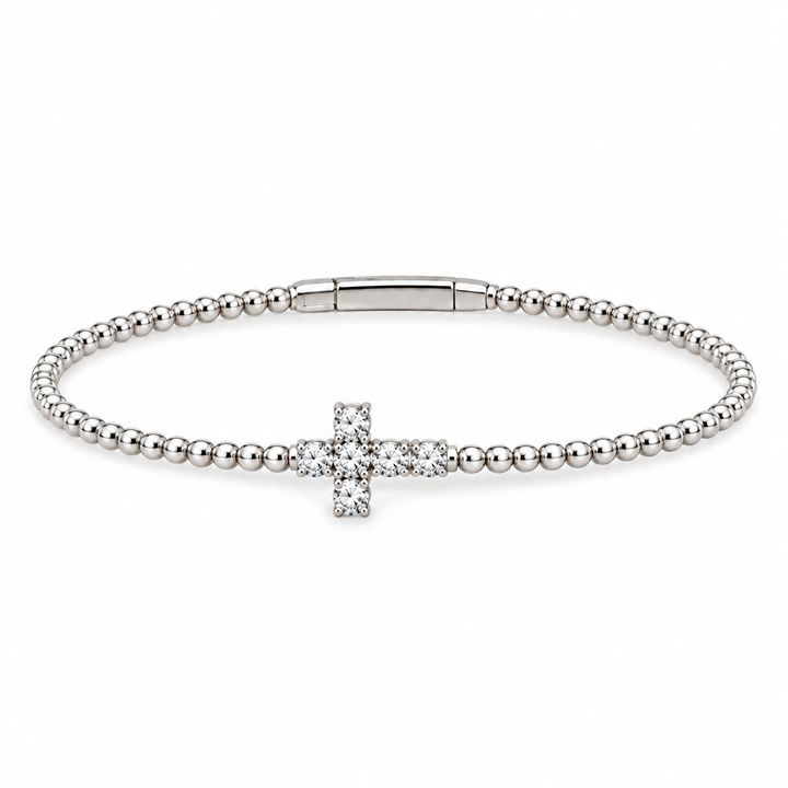 14K Natural Diamond Cross &amp; Beaded Flex Bangle