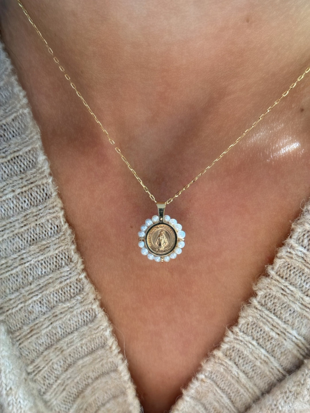 14K Round Pearl Halo Miraculous Pendant