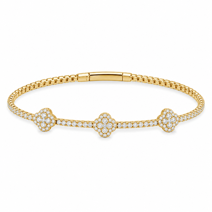 14K Three Double Clover Diamond Flex Bangle