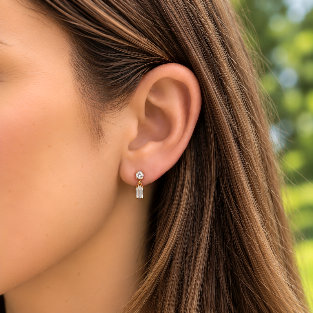 14K Lab Grown Round &amp; Emerald Drop Earrings