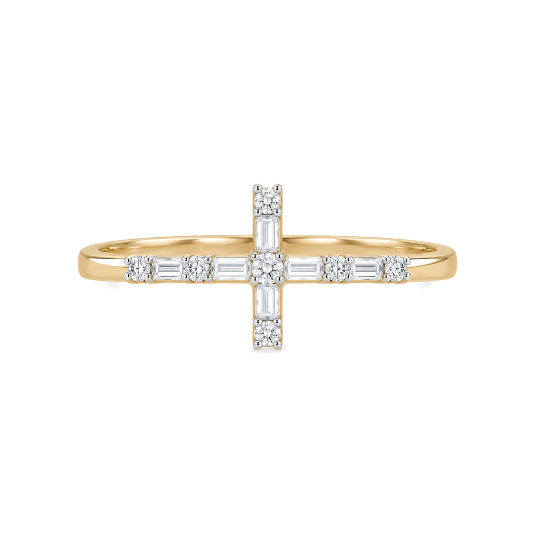 14K Baguette Diamond Cross Ring – 14K Yellow Gold – Front