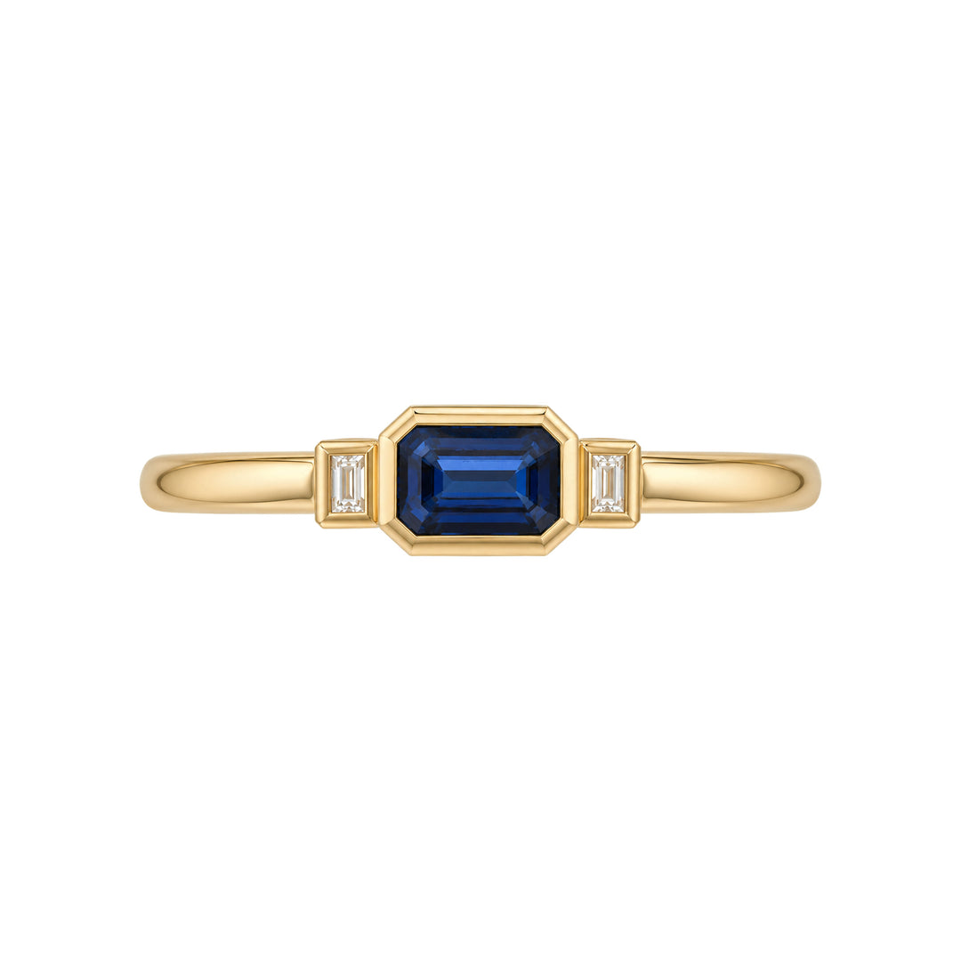 14K Blue Sapphire &amp; Diamond Three-Stone Ring – 14K Yellow Gold – Front View