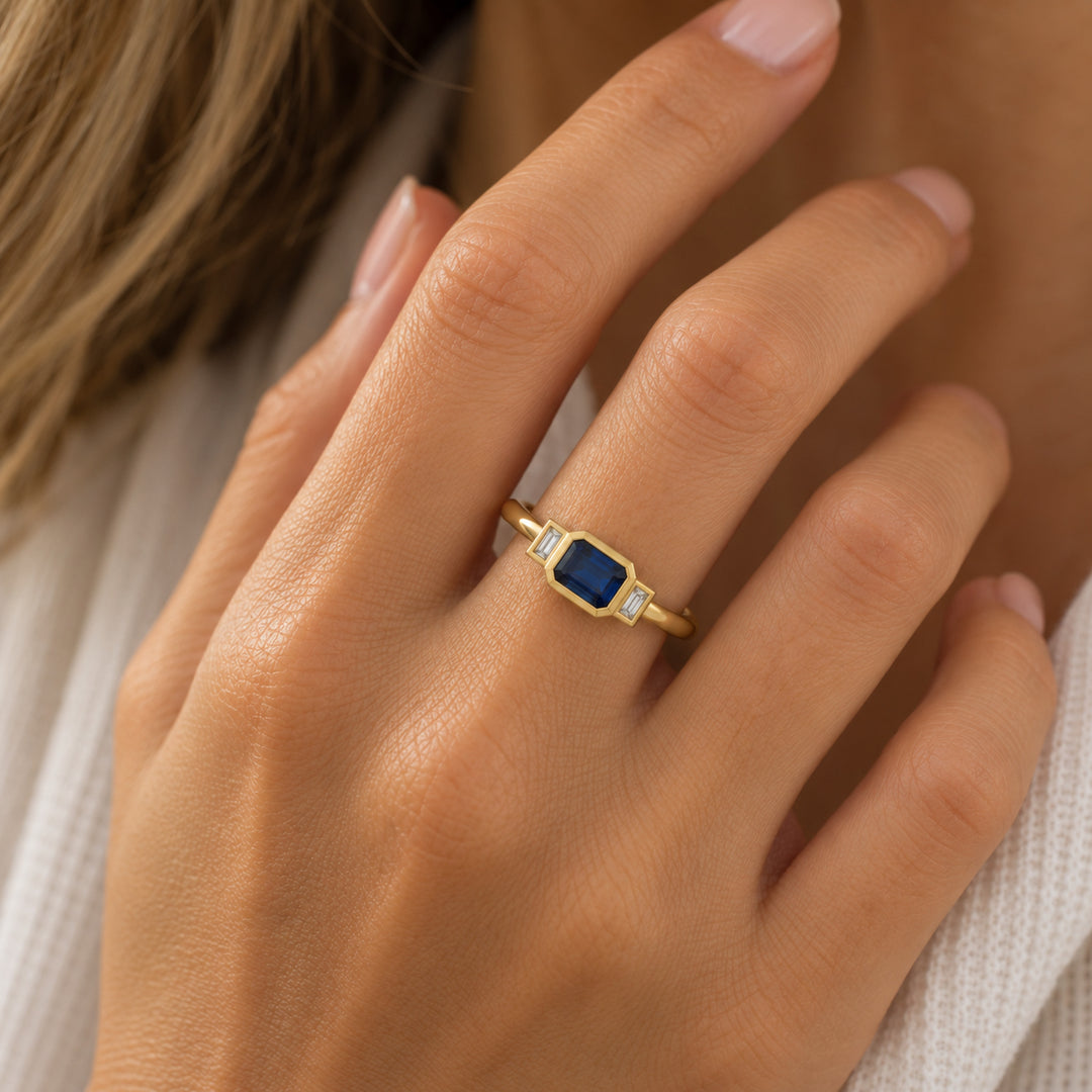 14K Blue Sapphire &amp; Diamond Three-Stone Ring – On Hand