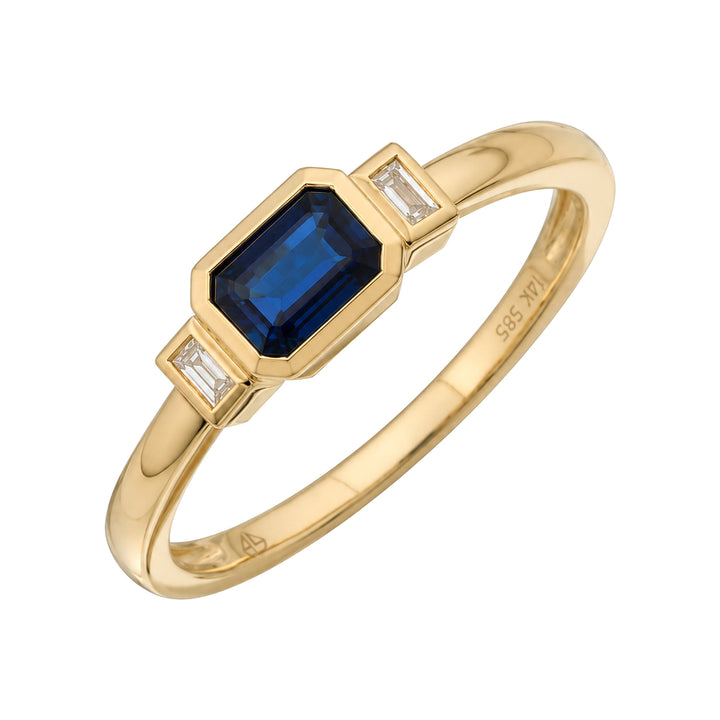 14K Blue Sapphire &amp; Diamond Three-Stone Ring – 14K Yellow Gold – Alternate View