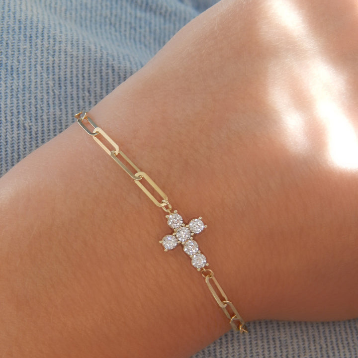 14K Chunky Diamond Cross Paperclip Bracelet On Model-Embark Fine Jewelry