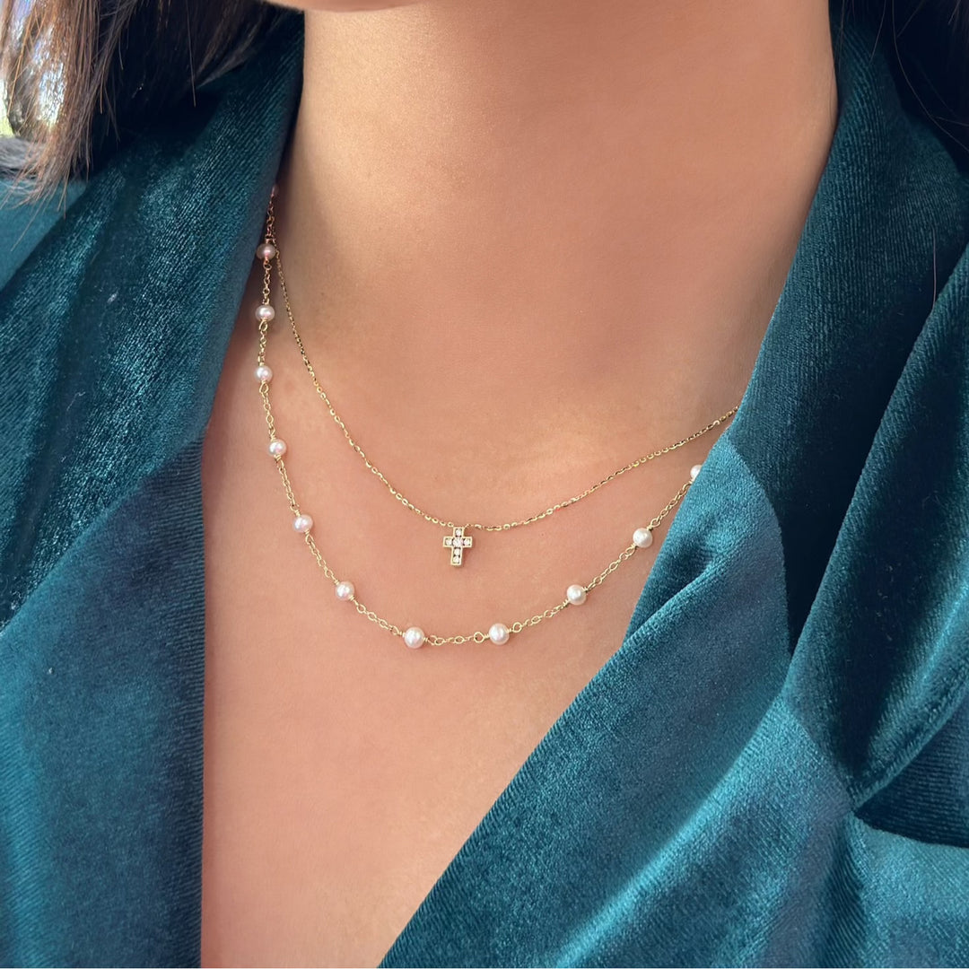 14K Mini Channel-Set Diamond Cross Necklace-Embark Fine Jewelry
