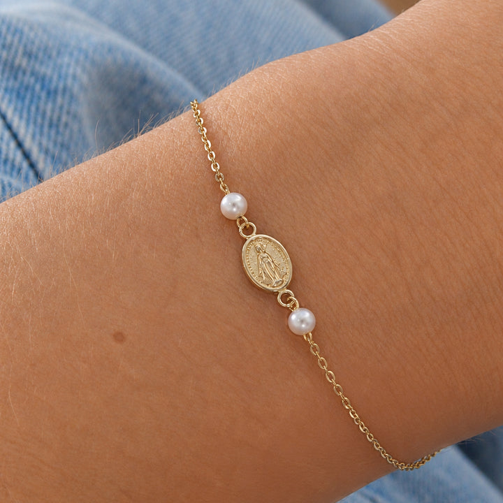 14K Mini Miraculous Medal &amp; Pearl Bracelet On Model-Embark Fine Jewelry