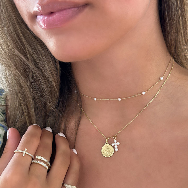 14K Mini Pearl Cross Pendant On Model-Embark Fine Jewelry