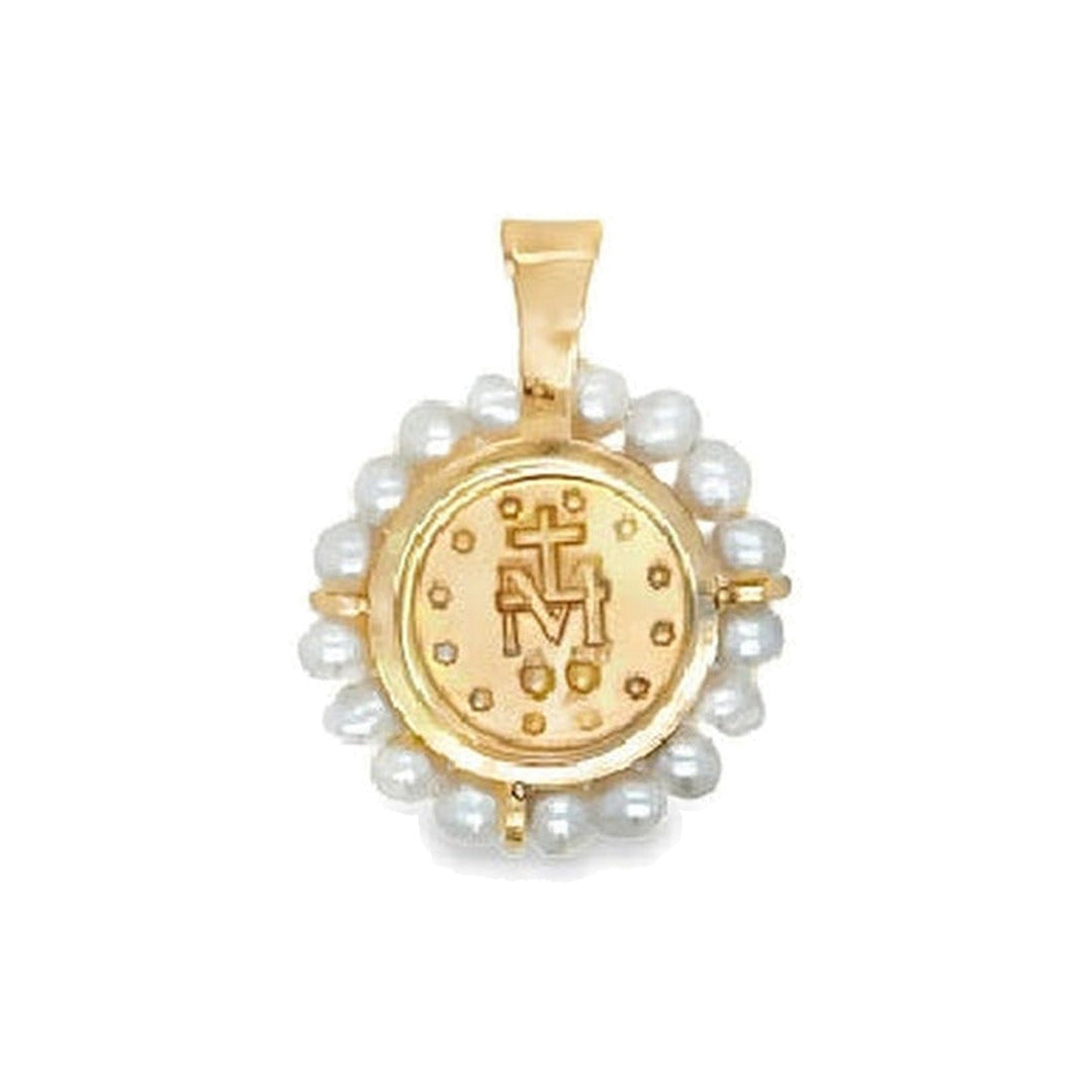 14K Pearl Halo Miraculous Medal Necklace Back-Embark Fine Jewelry