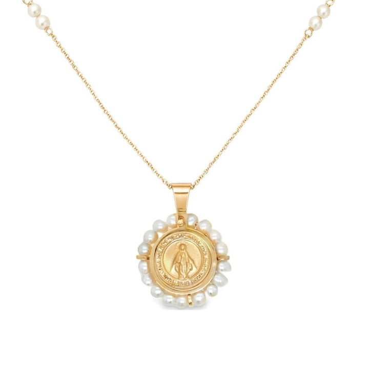 14K Pearl Halo Miraculous Medal Necklace-Embark Fine Jewelry