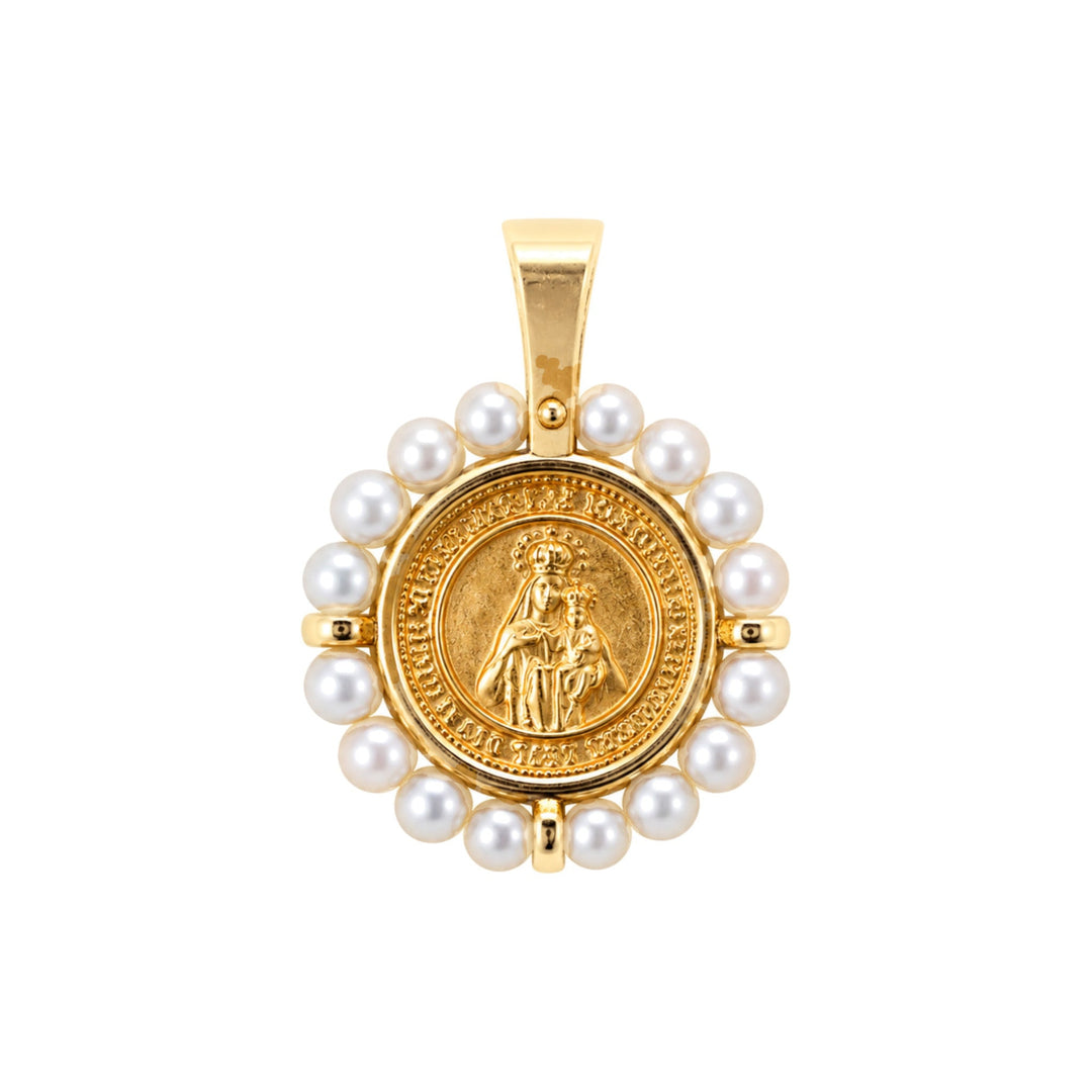 14K Round Pearl Halo Miraculous Pendant Front View-Embark Fine Jewelry