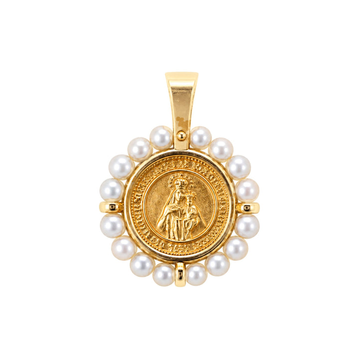14K Round Pearl Halo Miraculous Pendant Front View-Embark Fine Jewelry