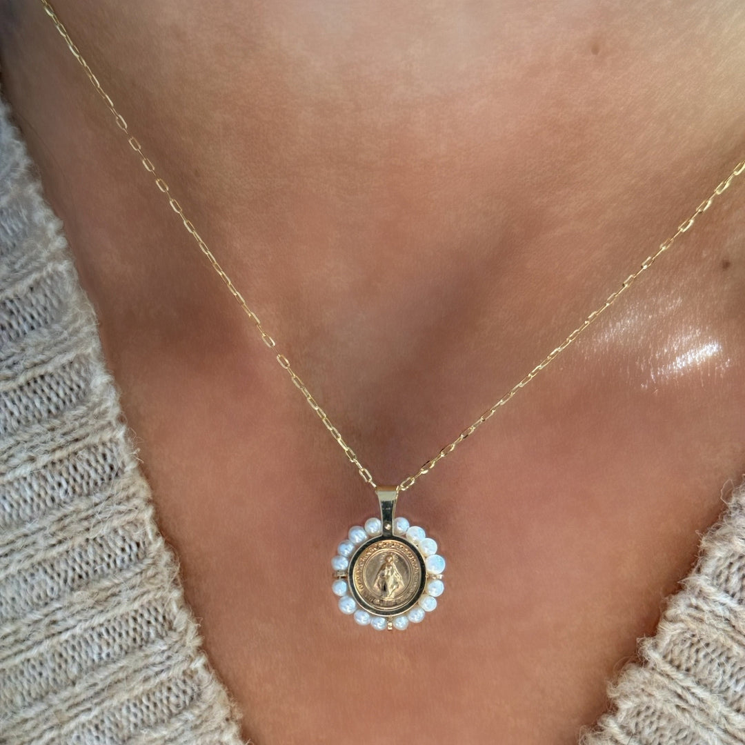 14K Round Pearl Halo Miraculous Pendant On Model-Embark Fine Jewelry