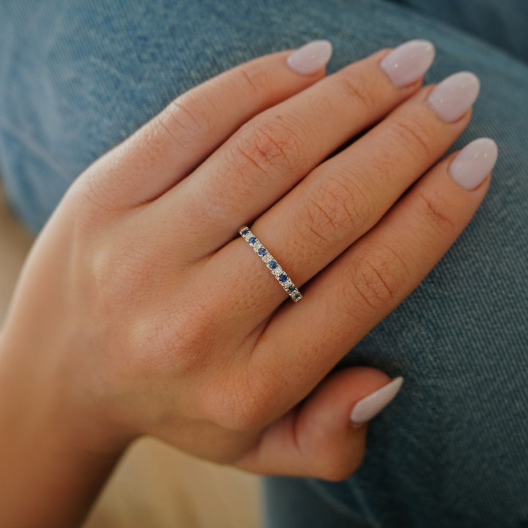 14KW 0.42 CTW Alternating Blue Sapphire &amp; Natural Diamond Petite Band – On Hand