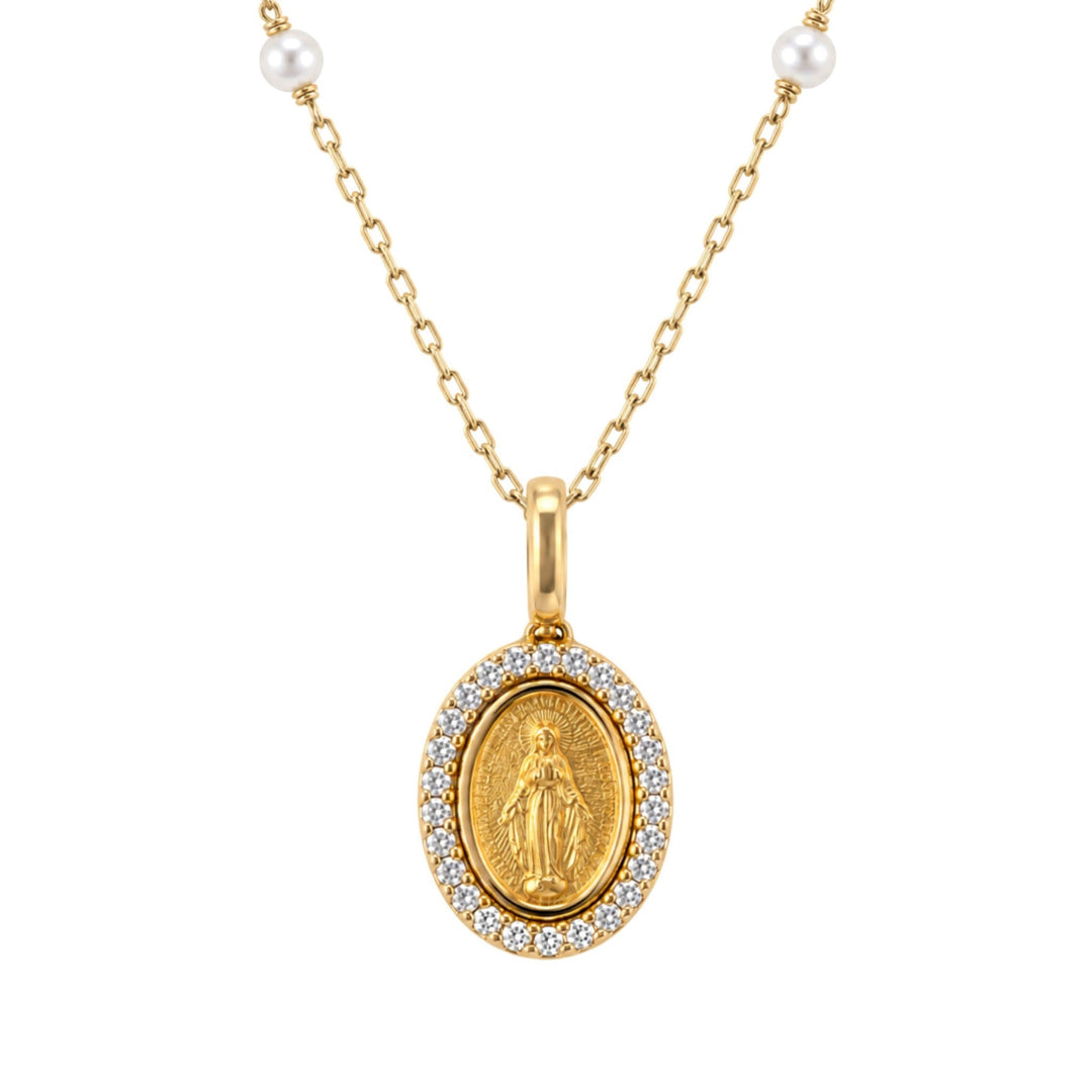 14KY .05 CTW Diamond &amp; Pearl Station Miraculous Medal Necklace 14KY Front View-Embark Fine Jewelry