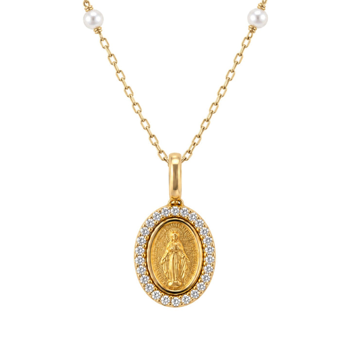 14KY .05 CTW Diamond &amp; Pearl Station Miraculous Medal Necklace 14KY Front View-Embark Fine Jewelry