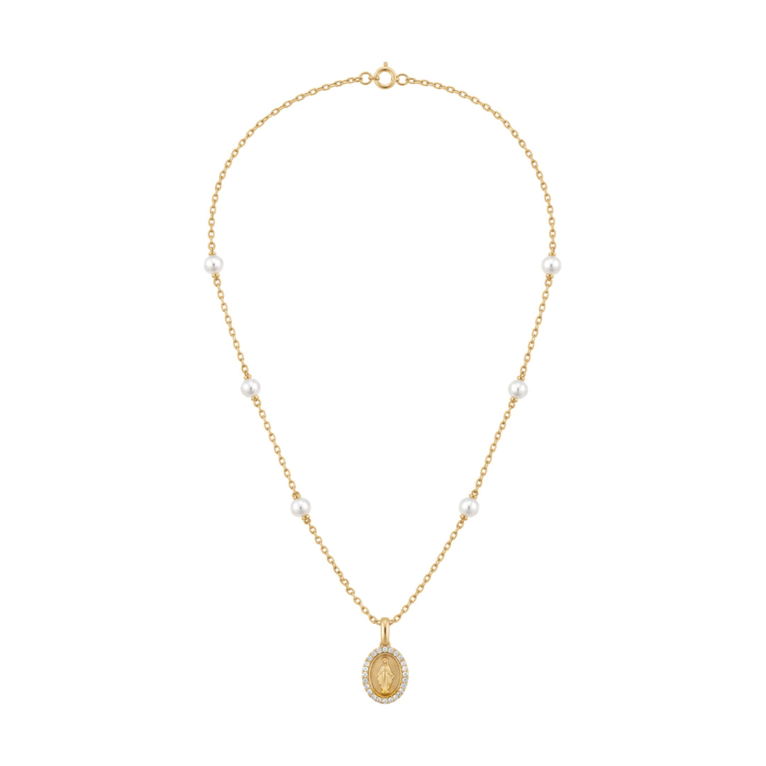 14KY .05 CTW Diamond &amp; Pearl Station Miraculous Medal Necklace Alternate View-Embark Fine Jewelry