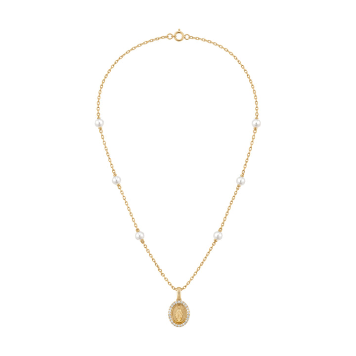14KY .05 CTW Diamond &amp; Pearl Station Miraculous Medal Necklace Alternate View-Embark Fine Jewelry