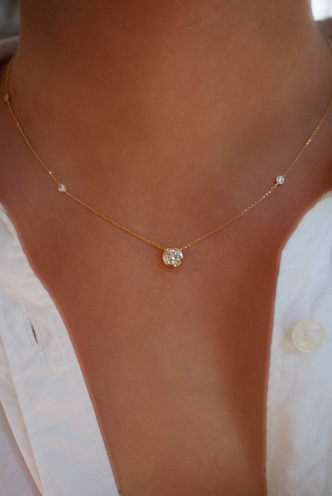 14KY 1.20 CTW Lab Grown Diamond Bezel Solitaire &amp; Station Necklace On Model-Embark Fine Jewelry