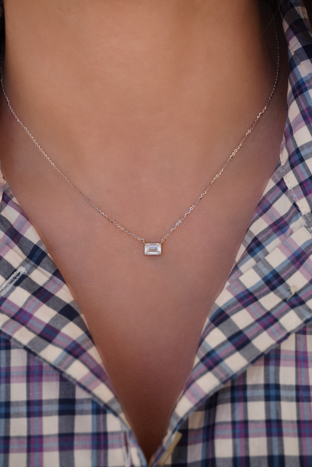 14K Lab Grown Emerald Solitaire Diamond Necklace On Model-Embark Fine Jewelry